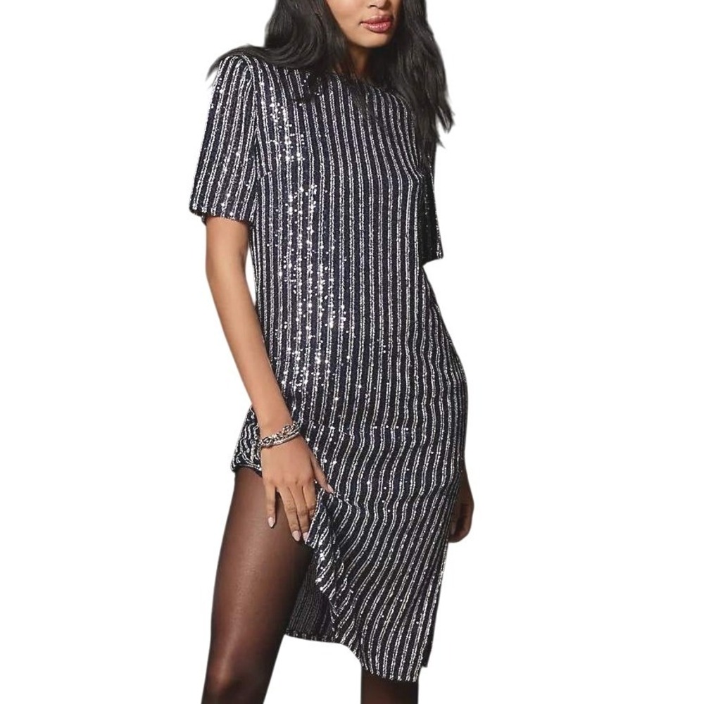 Anthropologie Flat White Sequin Stripe Midi Dress Womens M Blue Evening Cocktail